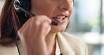 Business woman, mouth and mic with headset at call center for online advice or telemarketing at office. Closeup, female person or consultant agent with communication for CRM or virtual assistance