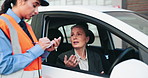 Traffic officer, women and writing fine for car, license and driver with shock, question or confused. People, law enforcement and penalty fee for bad driving, stress and note for payment in cit