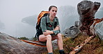 Woman, hike and sad with anxiety in forest, woods or nature for depression, trekking or outdoor breakdown. Backpack, girl and hiker upset for travel crisis, trip or mental health on holiday vacation