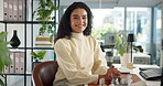Face, confidence and woman at desk, smile and skills growth with career ambition, ad agency and pride. Portrait, happy person or sales consultant in modern office, creativity for project and admin
