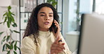 Phone call, business and woman with laptop, conversation and planning for schedule, creativity and talking. Person, employee and journalist in office, smartphone and discussion with contact or email