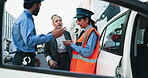Conversation, traffic cop and ticket for woman, car and upset for warning in morning or public safety. Outdoor, argument and mature person with expired registration, police officer or talking on road