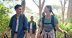 Conversation, hiking and people with fitness, travel or nature with hobby, vacation or environment. Group, outdoor or men with women, ecology or wellness with countryside, recreation or weekend break