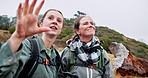 Conversation, hiking and woman friends in mountains together for bonding, hobby or planning. Adventure, backpacking and journey with hiker people outdoor in nature for exercise or fitness activity