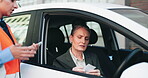 Car, traffic cop and ticket for woman, stop and fine for violation on road, disappointed and travel. Communication, police officer and warning for driver in vehicle, mature person and public safety