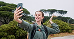 Phone, video call and woman waving in nature for hiking adventure, discovery or exploring. Cellphone, influencer and female person vlogging on trekking trip for travel tips, advice or help outdoor.