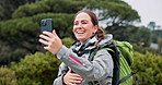 Cellp, video call and woman waving in nature for hiking adventure, discovery or exploring. Phone, influencer and female person vlogging on trekking trip for travel tips, advice or help outdoor.