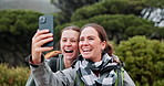 Phone, video call and friends waving in nature for hiking adventure, discovery or exploring. Cellphone, influencers and female people vlogging on trekking trip for travel tips, advice or help outdoor