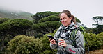 Hiking, explore or woman with phone in woods for map directions, navigation or location online. Forest, smile or person on mobile in nature for social media on outdoor adventure, journey or travel