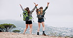 Excited, hiking and women on mountain together with success, freedom or achievement on adventure holiday. Celebration, dog and friends on cliff with fun trekking, travel vacation or jump in nature