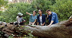 Group, friends and map in forest for hiking, journey and pointing in direction. People, break and chart in woods for navigation, discussion and search for location to explore nature with guide
