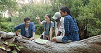 People, friends and map in nature for hiking, journey or pointing in direction. Group, trekking break and chart in woods for navigation, discussion or search for location to explore forest with guide