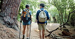 Nature, hiking and couple in forest with sticks for activity, hobby or backpacking on vacation. Journey, outdoor and people trekking in woods for exploring, tourism or adventure on holiday together.