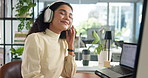 Headphones, dancing and businesswoman in office with computer for creative project listening to music. Technology, audio tech and female critic editor working online with streaming album for review.