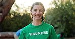 Woman, face or outdoor with confidence for volunteer, NGO about us or pride for community service. Laugh, helper or fun opportunity in nature for social responsibility, environment care or project