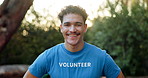 Man, volunteer or face in nature with confidence, NGO about us or pride for community service. Happy, helper or outdoor in portrait for social responsibility, environment care or go green project