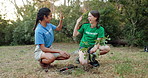 Happy women, volunteer or planting with high five for natural growth, community service or eco friendly environment. Female people, environmentalist or social worker with smile for NGO conservation