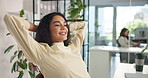 Relax, smile and businesswoman in office with completed creative project for magazine agency. Happy, calm and professional female copywriter with finished deadline for publishing in workplace.