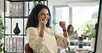 Excited woman, winning and computer with good news for business promotion, achievement or prize at office. Happy, female person and fist pump with smile for bonus, great offer or deal at workplace