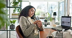 Business, frustrated and woman with computer, time management and schedule with delay. Person, employee and sales consultant in workplace, pc and tired with stress, appointment and fatigue with email