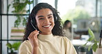 Happy woman, face and call center with headset for helpdesk or customer service at office. Portrait, female person or consultant agent with smile or mic for CRM business, communication or assistance