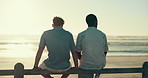 Friends, relax and back of men talking by beach for bonding, conversation and communication. Road trip, nature and people for hangout, chill and chatting on holiday, vacation and weekend outdoors