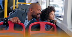 Bus, happy and dad with child by window for morning commute, journey and trip to school and work. Public transport, travel service and father with girl for sightseeing on vehicle, traffic and city