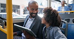 Tablet, commute and businessman on bus for kid, morning travel and online games for journey. Digital technology, public transport and passenger on app for class schedule, entertainment or learning