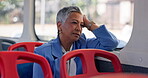 Thinking, business and woman on bus for travel journey, public transport and waiting for destination stop. Mature person, window and reflection of morning traffic, commute ideas and location decision
