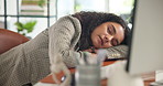 Sleeping, tired and business woman at desk for resting, dreaming and nap in office for overtime. Professional, worker and person with fatigue, exhausted and burnout for  for deadline, work and job