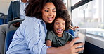 Happy mother, bus or child with silly face for selfie, travel or photography in local commute or city. Mom, kid or tongue out with memory in public transport for ride, journey or funny moment in town