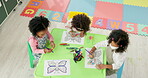 Girls, school and children drawing for art, learning and development in kindergarten classroom. Kids, butterfly and group together for growth, education and above students with color at academy