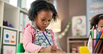 Girl, school and child drawing for art, learning and development in kindergarten classroom. Kids, writing and colouring for growth, education progress and creative students with pencil at academy