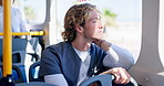 Thinking, person and nurse on bus for travel journey, public transport and waiting for destination stop. Man, window or thoughts for reflection of morning traffic, commute ideas and location decision