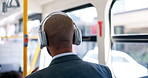 Man, headphones and back with music in bus for travel, audio streaming or commute in city. Business person, sound and relax with podcast in vehicle for public transportation or tourism in urban town