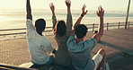 Celebration, hug and road trip with friends on car bonnet together for adventure, journey or travel. Beach, hands raised and sunset with group of people embracing for bonding or vacation from back