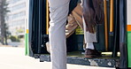 Legs, people and enter bus in city for public transport, morning commute and location of urban stop. Feet, passengers or vehicle arrival for travel, boarding terminal and sidewalk for journey to work