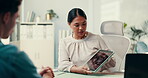 Woman, doctor and scan on tablet in office of neurology report, brain tumor and radiology results. People, digital and explain xray for examination, medical diagnosis and cancer analysis of treatment