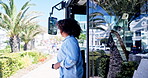 People, leave and bus door in city for public transport, morning commute and location of urban stop. Passengers, exit or vehicle arrival for travel, boarding terminal and sidewalk for journey to work