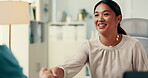 Happy, woman and doctor with handshake in office for introduction, advice and treatment agreement. Person, consultation and discussion with tablet, healthcare report and results update for diagnosis