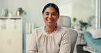 Happy, doctor and face of Asian woman in clinic for medical service, consultant and wellness appointment. Healthcare, office and portrait of person with confidence, pride and smile for career