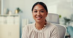Hospital, doctor and face of Asian woman in clinic for medical service, consultant and wellness appointment. Healthcare, office and portrait of person with confidence, pride and smile for career