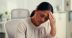 Business, woman and stress of headache in office for corporate deadline, workload pressure or overworked. Professional, person and migraine with tension, discomfort and massage with burnout or strain