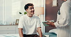Man, patient and doctor on tablet for report with good news, results or excited for progress at hospital. People, medic and touchscreen for application, smile or wellness with notification at clinic