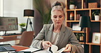 Documents, finance and mature business woman with laptop for research, planning and proposal. Professional, financial consultant and person search paperwork for report, budget review and information