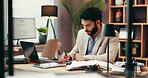 Documents, computer and businessman writing for research, information or report on company budget. Laptop, paperwork and male financial manager with investment planning for corporate dividend.