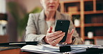 Research, phone and hands with woman in home office for lawyer, legal report and attorney policy. Remote work, justice aid and case review with person closeup for planning, scroll and typing