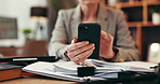 Typing, phone and hands with woman in home office for lawyer, legal report and attorney policy. Remote work, justice aid and case review with person closeup for planning, scroll and research