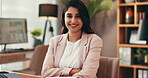 Arms crossed, face and smile of business woman in office for about us or friendly welcome. Accounting, financial and investment with happy Indian employee in corporate workplace as consultant