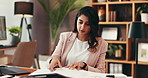 Documents, office and business woman with laptop for research, financial planning and proposal. Professional, finance consultant and person search paperwork for report, budget review and information
